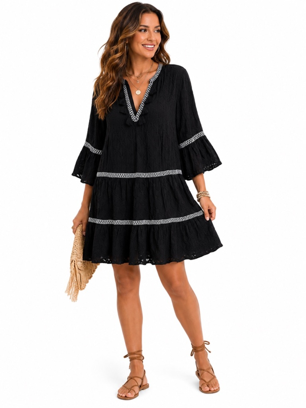 Tommy Bahama Cotton Clip Jacquard Embroidered Tiered Cover Up Dress Black S